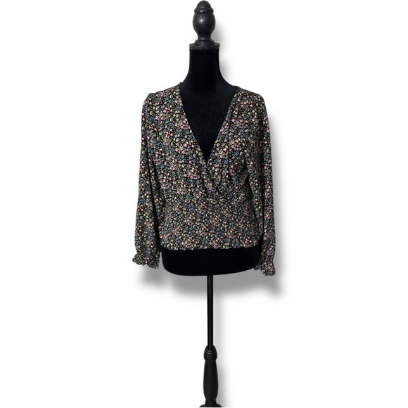 Paper Crane Black with Vibrant Pink and Yellow Floral Long Sleeve Wrap Blouse - Picture 2 of 16